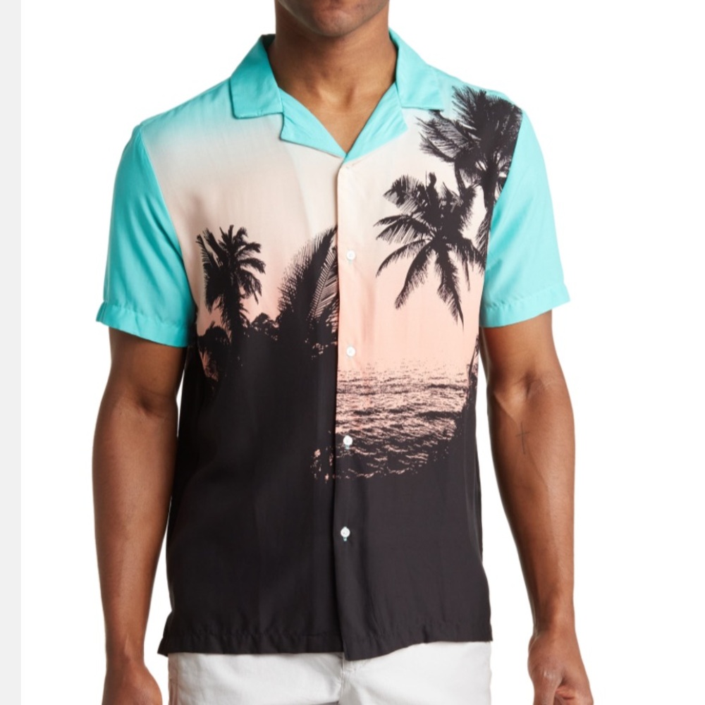NWT men’s collared button down shirt XL palm tree stretch relax denim & flower